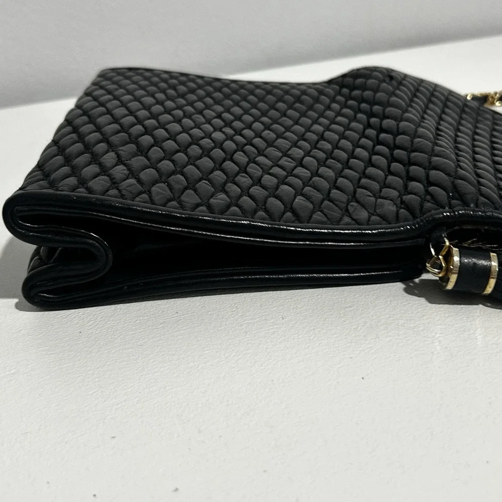 Vintage French Evening bag Pierre Balmain Black Leather Quilted Gold Strap Purse